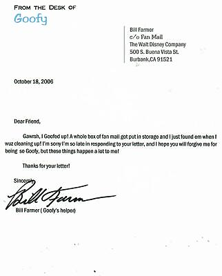 #ad quot;Goofyquot; Bill Farmer Hand Signed Letter on Disney Letterhead COA