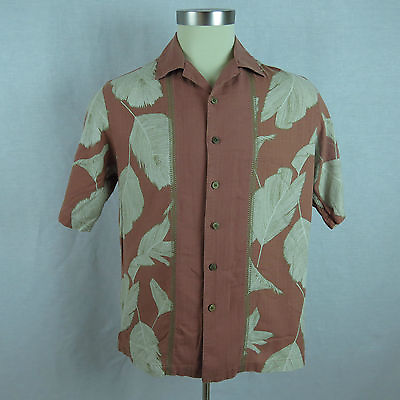 #ad Caribbean Men#x27;s Shirt Medium Salmon Color Goldtone Leafs Hawaiian Casual