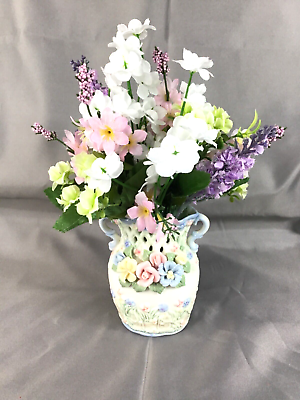 #ad Beautiful White Eyelet Trimmed Vase with Small Raised Flowers Floral Arrangement