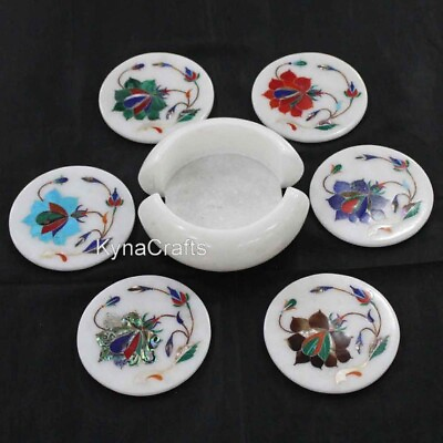 #ad 4.5 Inches White Marble Coffee Coaster Set Gemstone Inlay Work Giftable Coaster