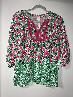 #ad crown and ivy womens palm tree pink and green ruffle sleeve tunic blouse MEDIUM