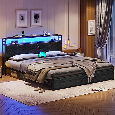 #ad King Size LED Bed Frame with Storage Headboard Upholstered Platform Black PU Bed