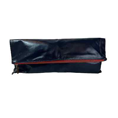 #ad Clare V. Vivier Foldover Clutch Bag Navy Blue Leather Red Trim Envelope Handbag