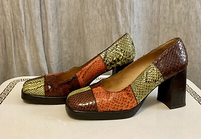 #ad Vintage Block Heel Square Toe David Aaron Patchwork Python Shoes 9 M Funky Cool