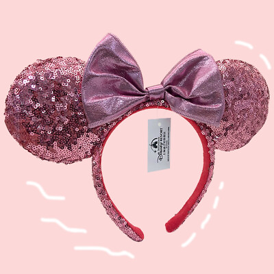 #ad Disney Mouse Ears Headband Light Pink Sequin Bow Valentine#x27;s Day Hairband