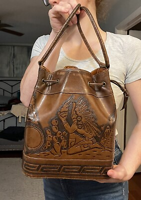 Custom Leather Bucket Bag Native American Design