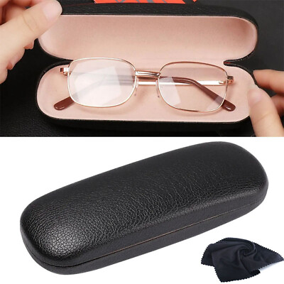 #ad NEW Clam Shell Hard Eyeglasses PU Glasses Case Black w Microfiber Cleaning Cloth