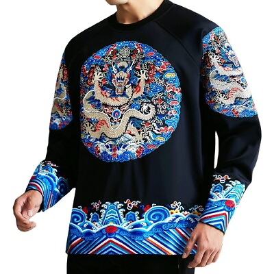 #ad Mens Sweatshirt Japanese Pattern Embroidery Totem Dragon Tattoo Pullover Jumper