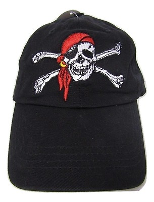 #ad Jolly Roger Pirate Skull Cross Bones Red Hat Booty Hunter Black hat cap