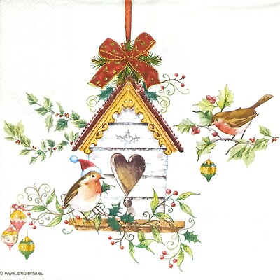 #ad S309# 3 x Single SMALL Paper Napkins Decoupage Christmas Bird House Nesting Box