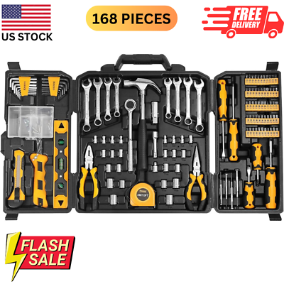 #ad 168 Piece Hand Tool Kit for Home Repairs Complete Set in Plastic Storage Case