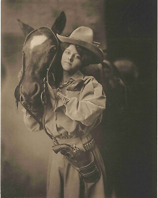 #ad Old West 1 Cowgirl posing with horse Vintage Old Photo 8 x 10 Reprint