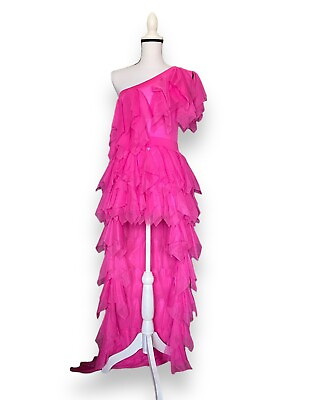 #ad Kikiriki One Shoulder Tulle Ruffle Dress Fits Sz S Fuchsia Pink Prom Gown Party