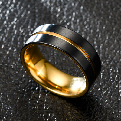 #ad 8mm Black Brushed Band Men#x27;s 18K Gold Plating Titanium Steel Male Ring Size 6 13