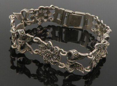 #ad 925 Sterling Silver Vintage Marcasite Flower Ribbon Chain Bracelet BT5283