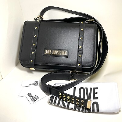 #ad New Love Moschino Designer Nero Borsa Canvas Crossbody Black Gold Purse Handbag