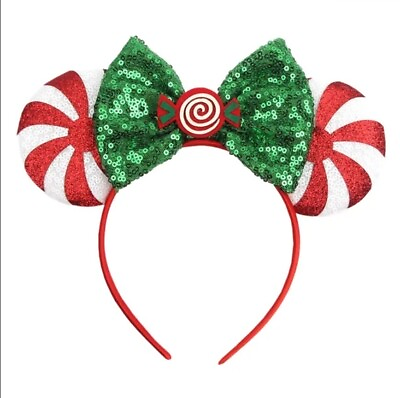 #ad Disney® Mouse Ears Headband Christmas Candy Green Bow #10