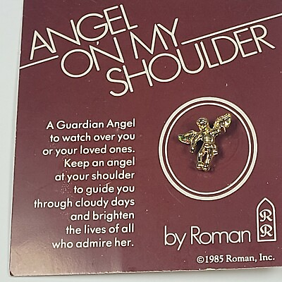 #ad Vintage Angel on my Shoulder Pin Gold Tone Guardian Angel by Roman 1985 on Card