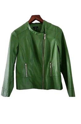 #ad Alfani non Leather Zip Moto Jacket M Spring Green Vegan Friendly Pockets Lined