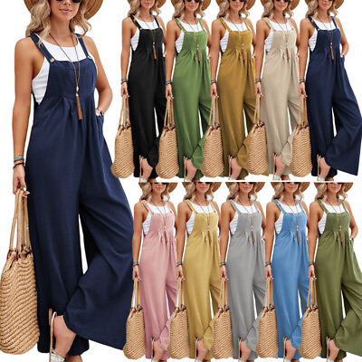 #ad Women Long Bib Pants Overalls Casual Loose Rompers Jumpsuits With Pockets