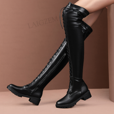 #ad Women Over Knee Boots High Faux Leather Wide Calf Mid Heels Boots Side Zip Shoes