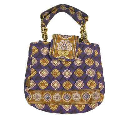 #ad MaggiB Blue Gold Lavender Floral Quilted Mini Purse Handbag Tote Chain Strap