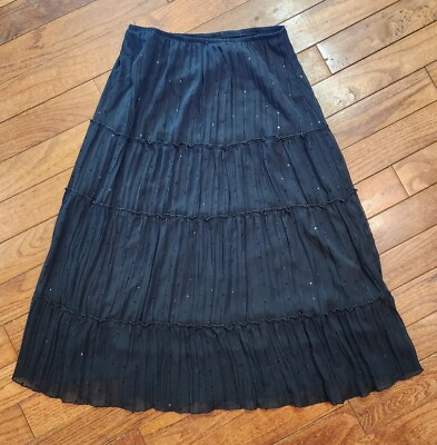 #ad Womens Full Broom Tiered Skirt Sequin Lined Gypsy Black L Ninety