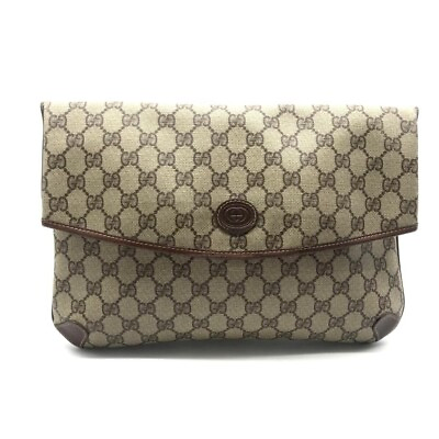 #ad Auth Gucci GG Supreme Clutch Bag Pouch Brown PVC Leather Interlocking GG Logo