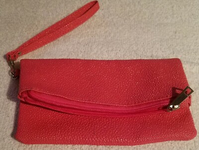 #ad Pink Clutch Faux Leather Wristlet Purse Fold over Pebble Texture Zip Top 7quot;X 7quot;
