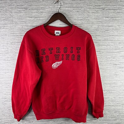 #ad VINTAGE Detroit Red Wings Swaetshirt Mens Medium Red Crewneck Spell Out NHL Logo