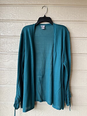 #ad Chicos womens Cardigan Sweater 3 XL Teal Lightweight Ruched Tie Cuff 3 4 Sleeve