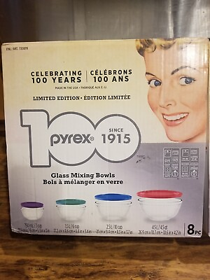 #ad NEW SEALED Pyrex 8 Piece 100 Years Glass Mixing Bowl Set Limited Edition