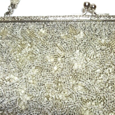 Floral Beaded Silver Evening Purse Clutch Kiss Clasp 10x5 Party Wedding Holiday $9.98