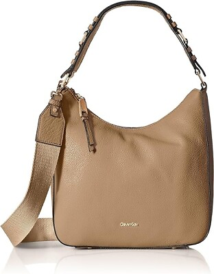 #ad Calvin Klein Angelina Pebble Leather Hobo Shoulder Handbag Buff Cream Brown
