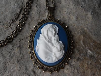 #ad VIRGIN MARY amp; BABY JESUS CAMEO PENDANT NECKLACE BLUE 2quot; BRONZE MOTHER MARY