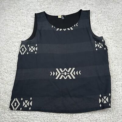#ad Eileen Fisher Tank Top Womens Medium Black Gray Stripes Sleeveless T Shirt Aztec