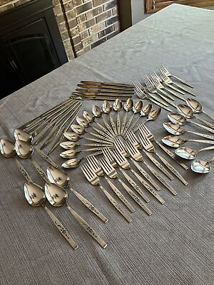 #ad Oneida ROSEWOOD 56 Pieces Stainless Pattern Burnished Handle Black Accent Flower