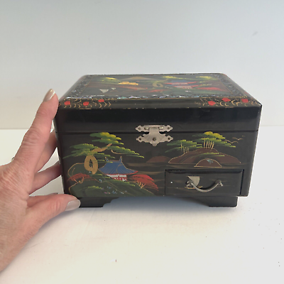 #ad Vintage Black Lacquer Ware Japanese Jewelry Music Box w Geisha Girl Nice Piece