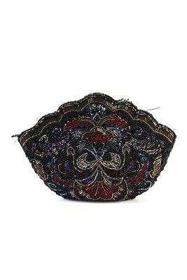 #ad Designer Bugle Bead Embroidered Zipper Clutch Handbag Black Multicolor