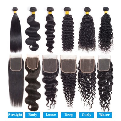 #ad Brazilian Human Hair Bundles with Closure 4*4 Lace Closure Remy Virgin Hair Weft