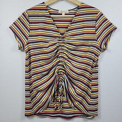 #ad Cedar amp; Gold Women#x27;s Large Blouse Striped Rouched Front Short Sleeve Rayon Blend