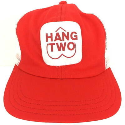 #ad Vtg 80s Hang Two Patch Hat 2 Tone Funny Logo Mesh Snap Back Trucker Baseball Cap