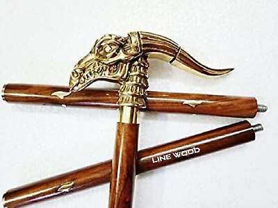 #ad Nautical Antique Dragon Designer Handle Brass Inlay Brown Wooden Walking Stick