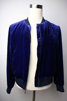 #ad St. John Rayon Silk Bomber Jacket Large Velvet Baseball Collar Blue