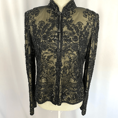 #ad Adrianna Papell Evening Black Beaded Silk Lace amp; Sequined Top Jacket Size M