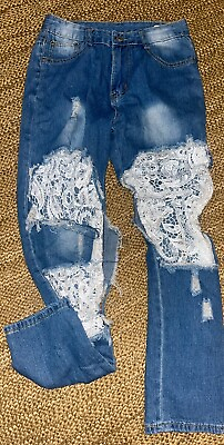 #ad Womens Jeans Distressed With Lace Size: S