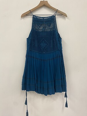 #ad Free People Emily Dress With Lace Panel blue crochet XS