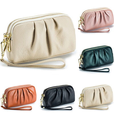 Genuine Leather Wallet Women#x27;s Credit Card Holder Zip Purse Wristlet Clutch Bags