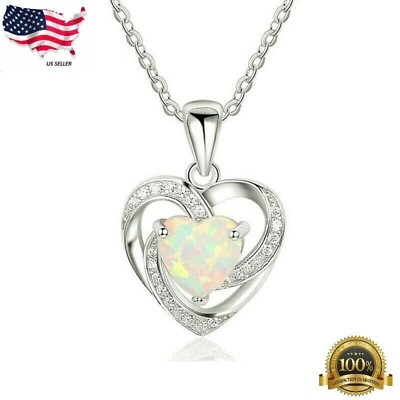 #ad Women Silver Plated Opal Heart Pendant Necklace 18” Lab Created