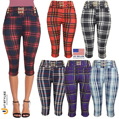 #ad Women#x27;s Summer Casual Plaid Checkered Capri Pants w Front amp; Back Pockets